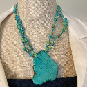 Turquoise Rock Pendant and Double Strand Beaded Necklace
